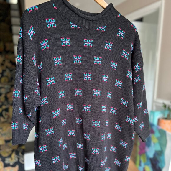 Vintage Stefano 80s Sweater Mini Dress Black with Pattern Roll Neck One Size - Picture 7 of 7